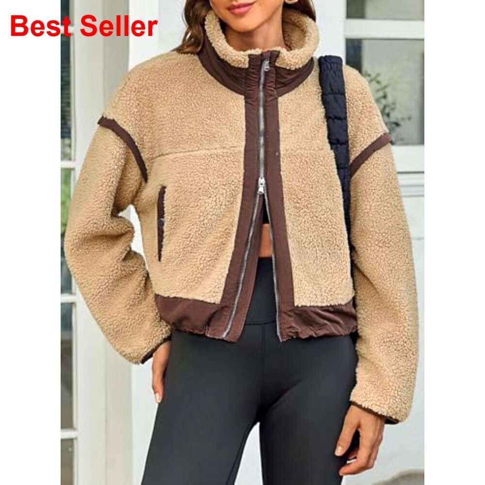 Cropped Zip Fleece Jacket Stand Collar Sherpa Coat Winter Outerwear - Picture 2 of 5